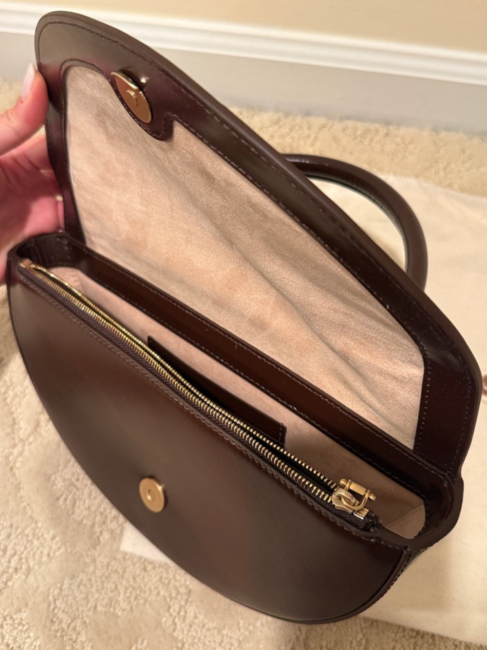 cult gaia dark brown leather half-moon mini bag with gold sculptural handle - Picture 7 of 8